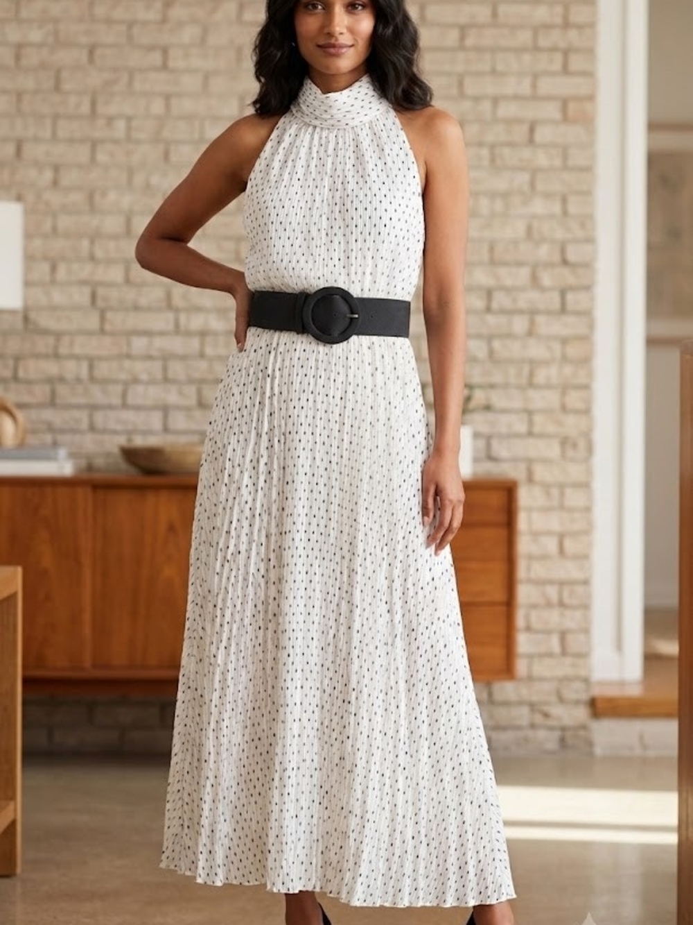Karl Lagerfeld White Maxi Halter Dress with Black Accents